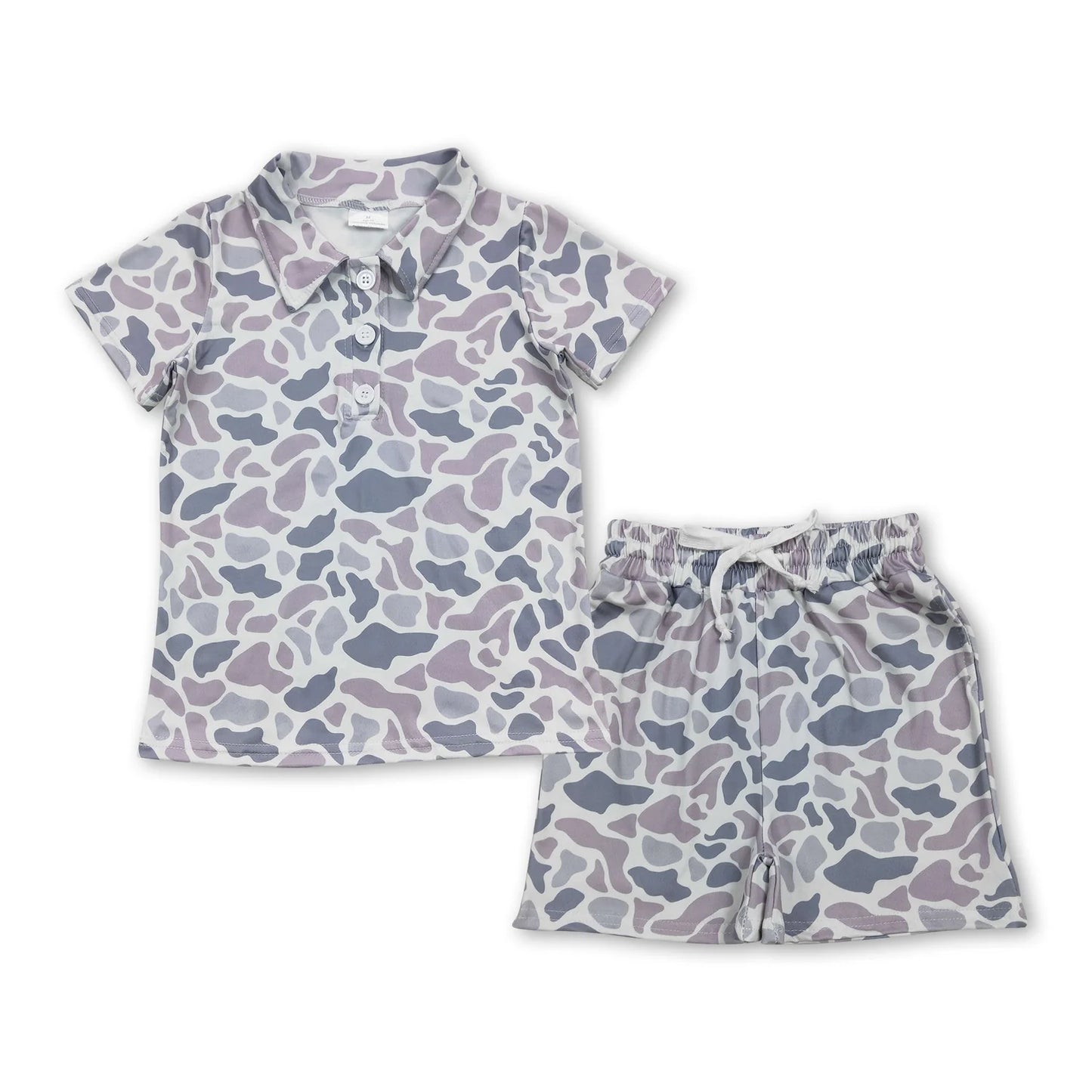 RTS NO MOQ Sibling milk silk Baby Boys Camo Buttons Polo Top Pockets Shorts Clothes Sets