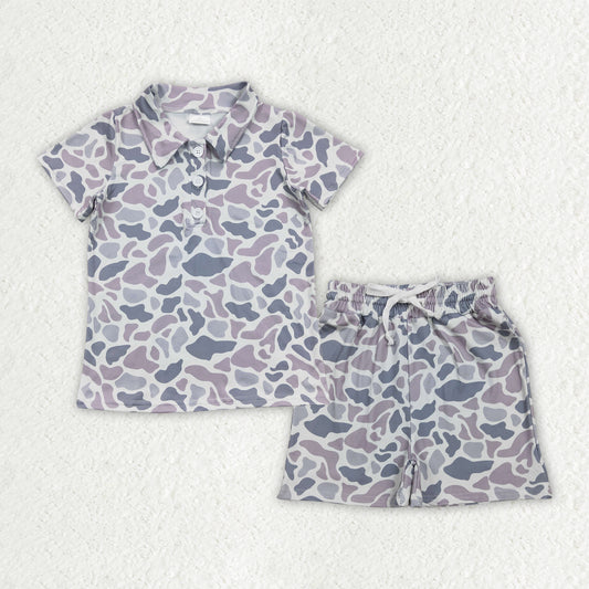 RTS NO MOQ BT0597+SS0730 Baby Boys Light Grey Camouflage Polo Top with Buttons And Pockets Shorts Clothing Set for Infants
