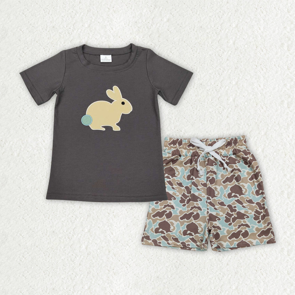 RTS NO MOQ BT0444+SS0697 Embroidered Rabbit Baby Boys Camouflage Shirt with Pockets And Shorts Set