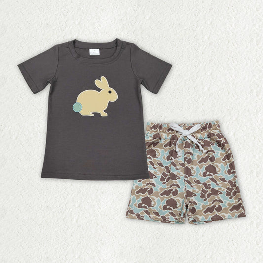 RTS NO MOQ BT0444+SS0697 Embroidered Rabbit Baby Boys Camouflage Shirt with Pockets And Shorts Set