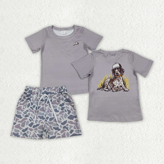 RTS NO MOQ BT1149+SS0140-2 Baby Boys Grey Dogs Camouflage Shirt with Pockets And Shorts Set