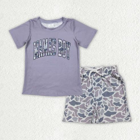 RTS NO MOQ Sibling Baby Boys Camo Mama's Boys Rad like Dad Top Pockets Shorts Clothing Set