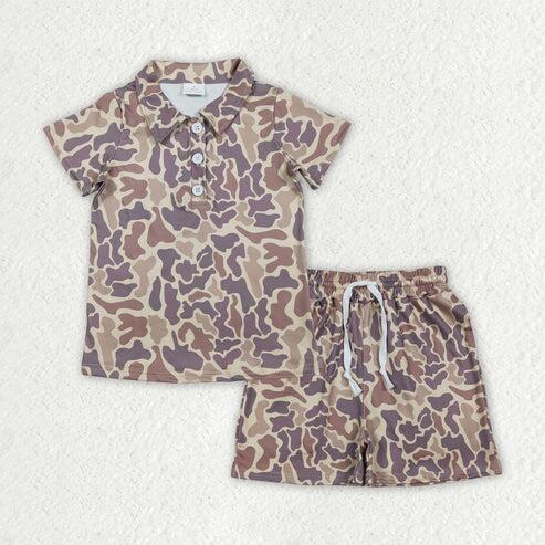 RTS NO MOQ Sibling Baby Boys Camouflage Button Polo Shirts with Pockets Short Clothes Set