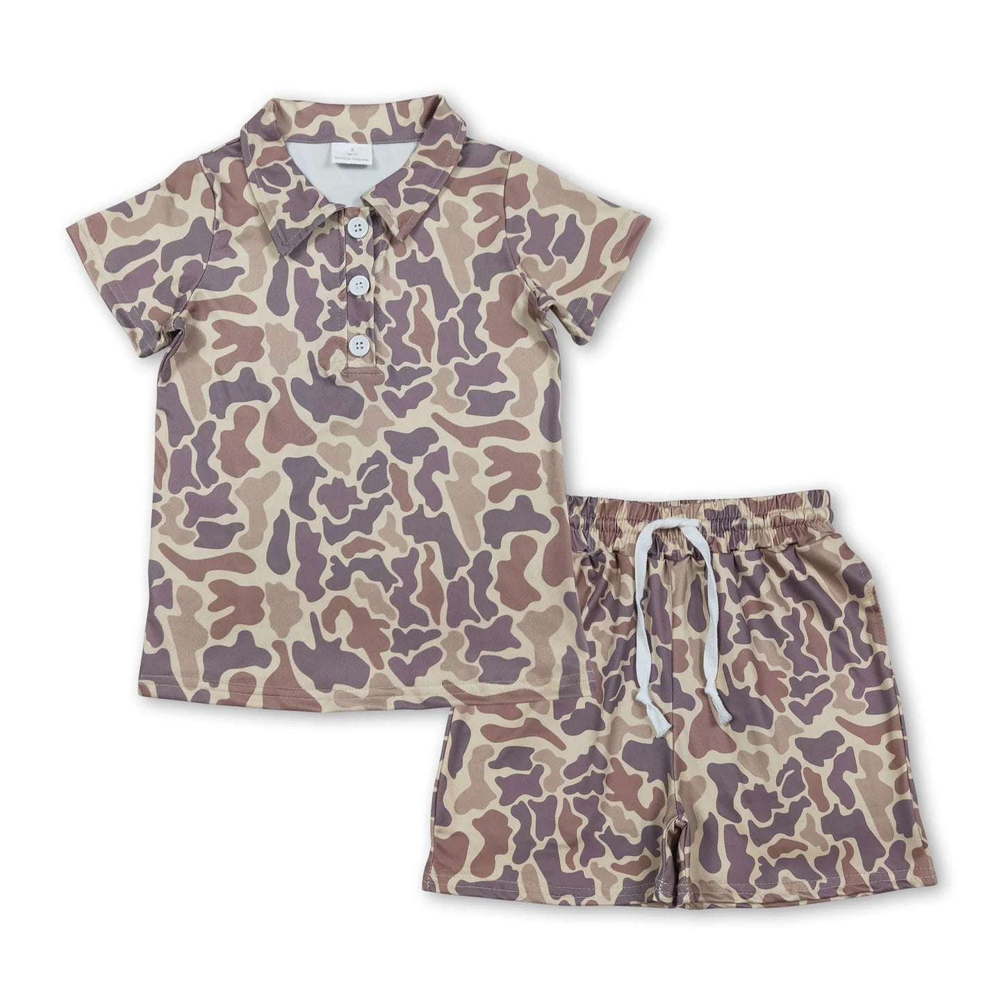 RTS NO MOQ Sibling milk silk Baby Boys Camo Buttons Polo Top Pockets Shorts Clothes Sets