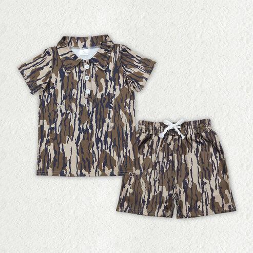 RTS NO MOQ Sibling Baby Boys Camouflage Button Polo Shirts with Pockets Short Clothes Set