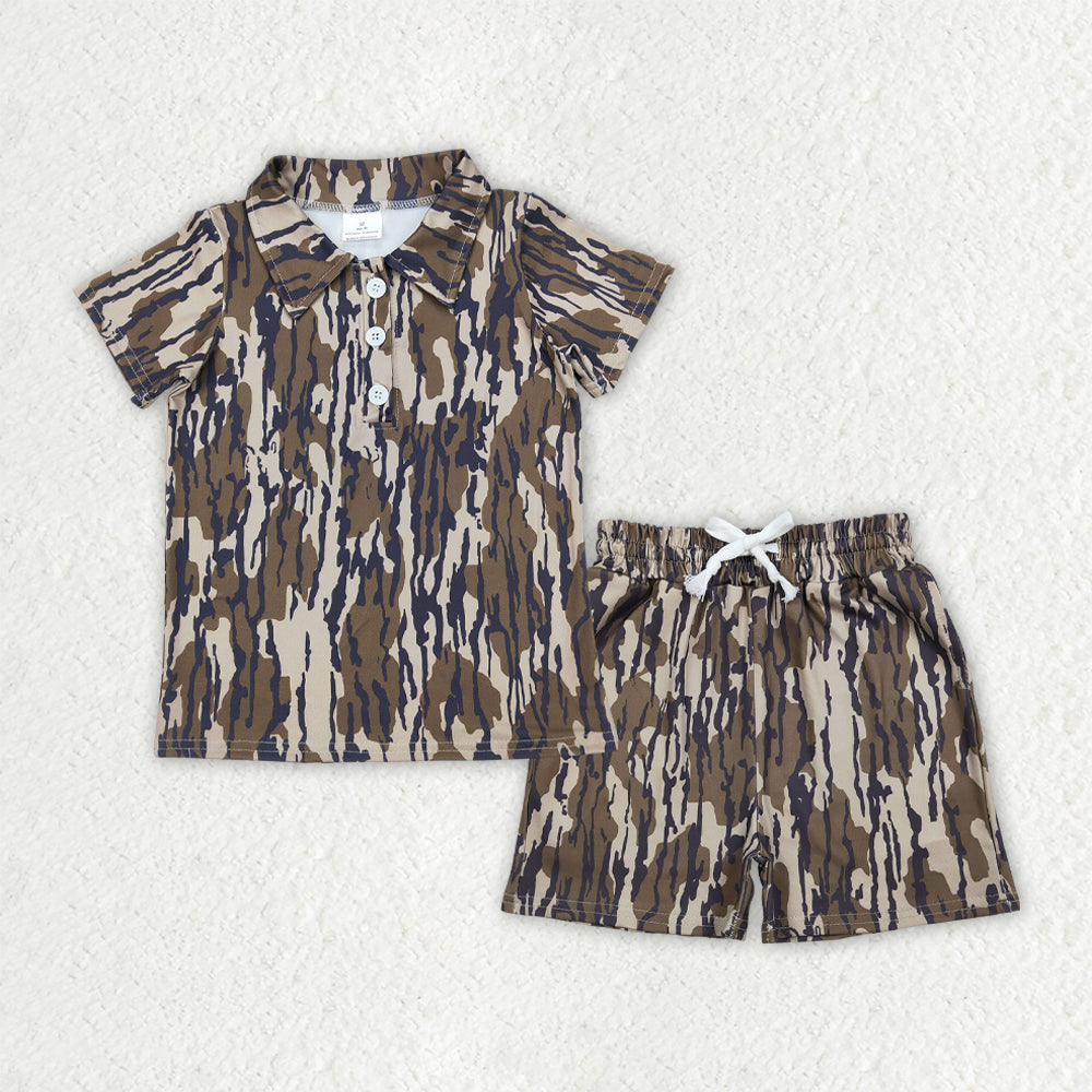 RTS NO MOQ BT1207+SS0731 Baby Boys Olive Camo Polo Top with Buttons And Pockets Shorts Clothing Set for Kids