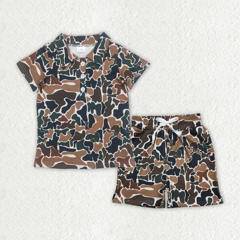 RTS NO MOQ Sibling Baby Boys Camouflage Button Polo Shirts with Pockets Short Clothes Set
