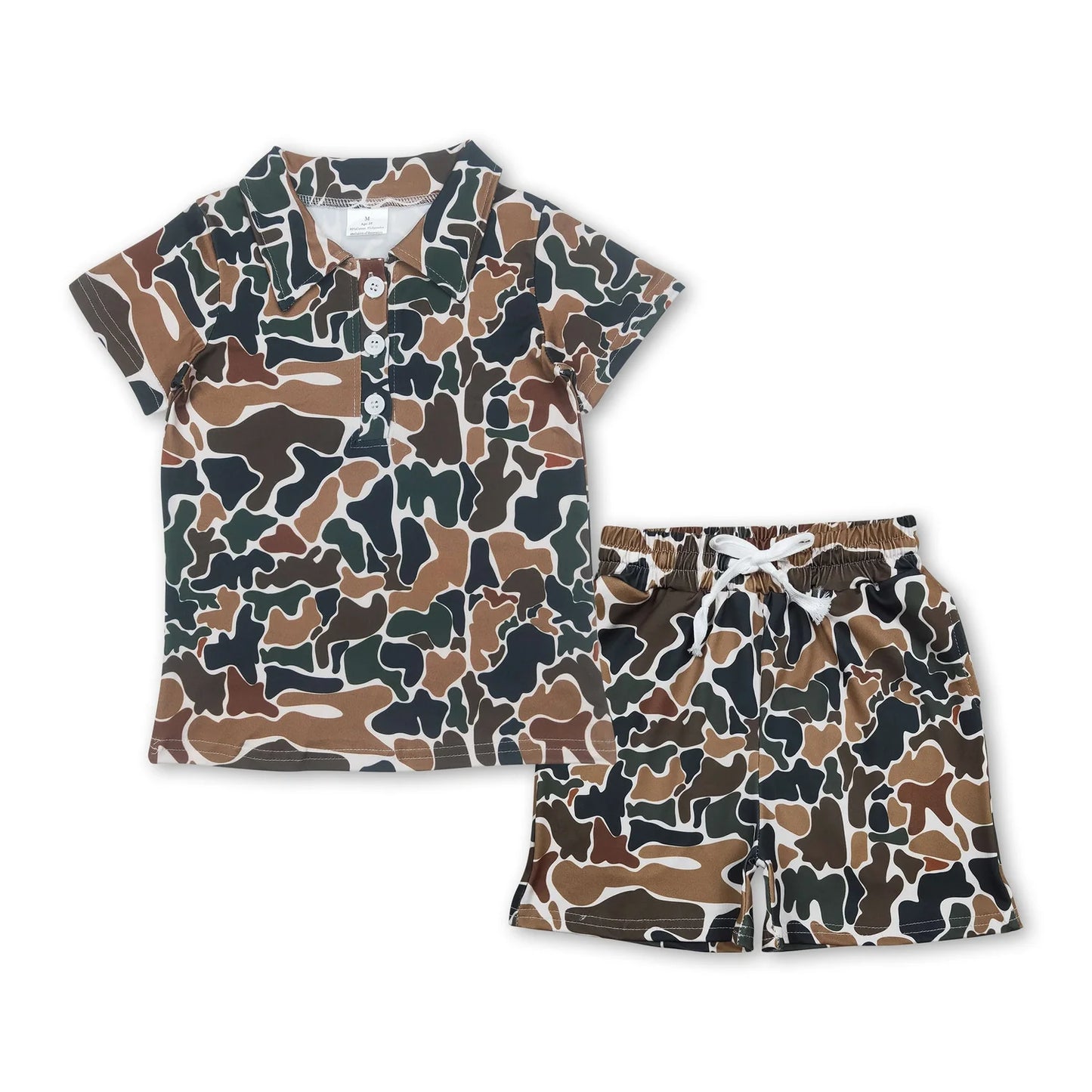 RTS NO MOQ Sibling milk silk Baby Boys Camo Buttons Polo Top Pockets Shorts Clothes Sets