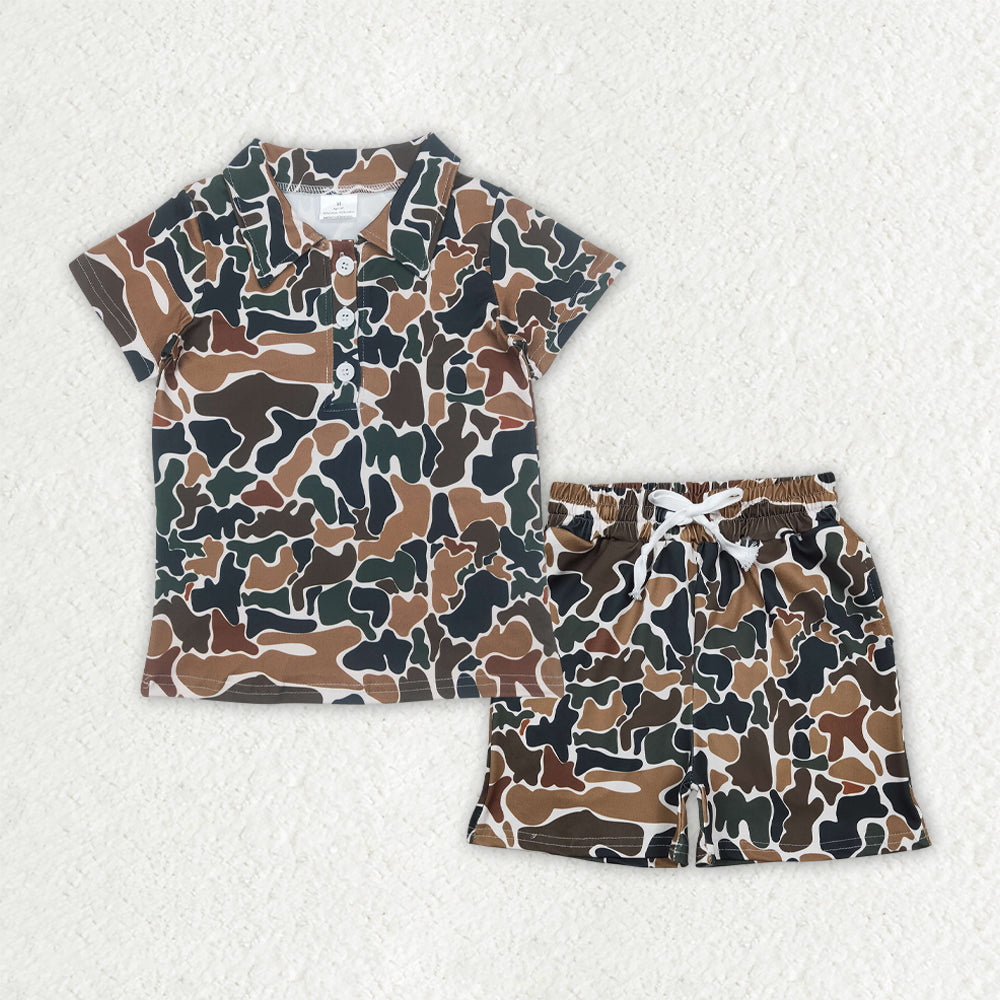 RTS NO MOQ BT1213+SS0732 Baby Boys Brown Camouflage Polo Top with Button Pockets Shorts Clothing Set