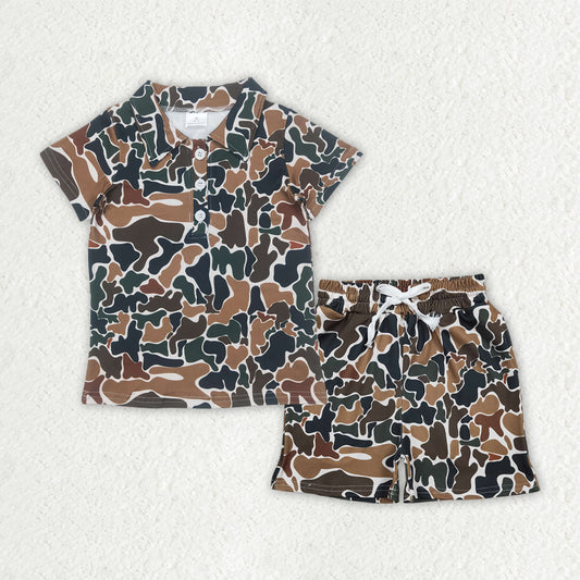 RTS NO MOQ BT1213+SS0732 Baby Boys Brown Camouflage Polo Top with Button Pockets Shorts Clothing Set