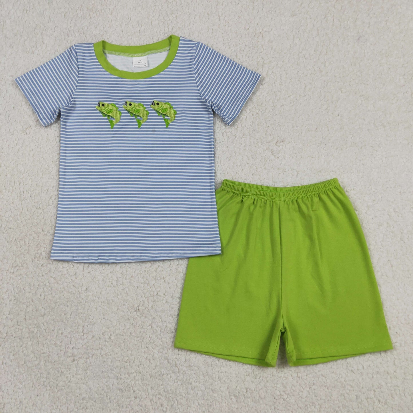 RTS NO MOQ milk silk BSSO2001 Embroidery Fishes Baby Boys Short Sleeve Stripe Top Short Hunting Clothes Sets