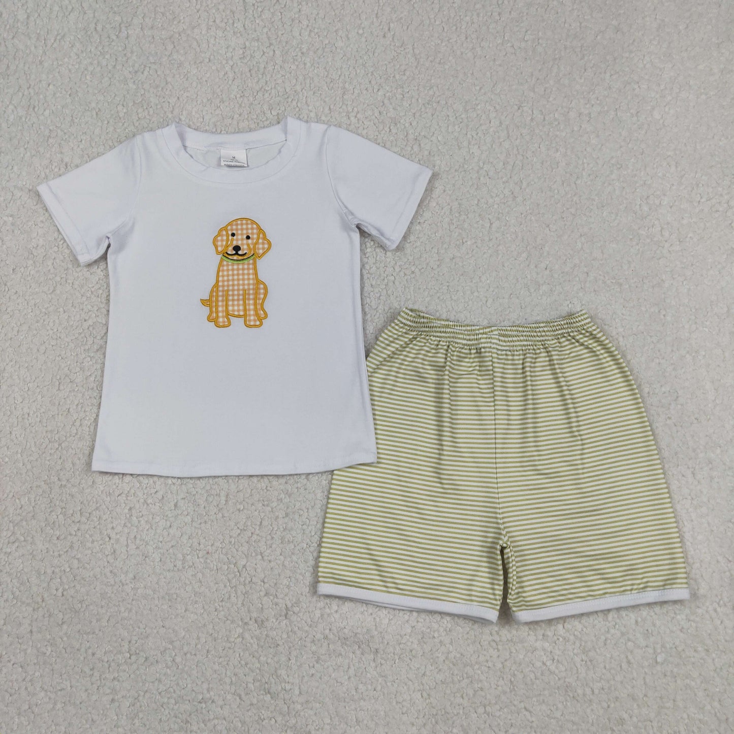 RTS NO MOQ milk silk Sibling Baby Boys Embroidery Dogs Shirt Top Stripe Short Hunting Clothes Sets Short Sleeve Stripe Hunting Rompers