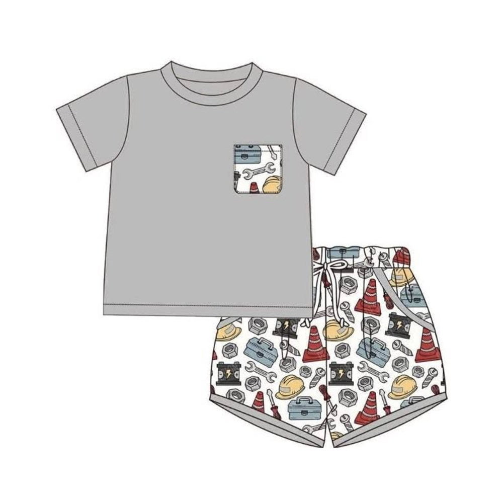 (Pre Order) No moq BSSO2005 Baby Boys Mechanic Tools Crew Neck Pocket Tee Elastic Waist Shorts Casual Set