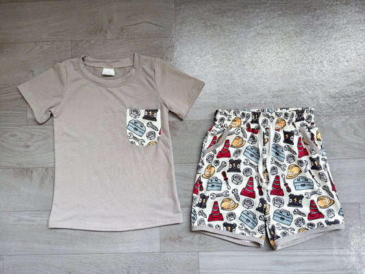 (Sample) No moq milk silk BSSO2005 Baby Boys Mechanic Tools Crew Neck Pocket Tee Elastic Waist Shorts Casual Set