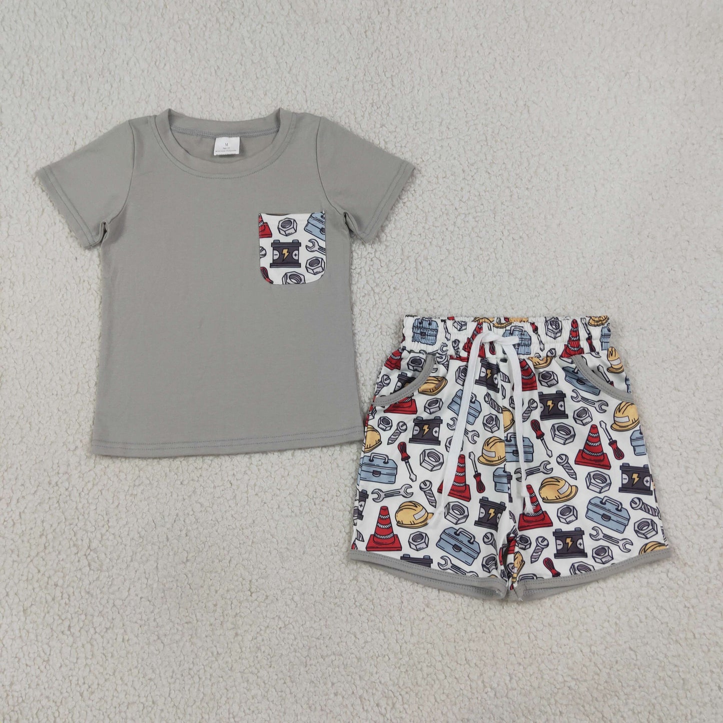 NEW RTS NO MOQ milk silk BSSO2005 Baby Boys Mechanic Tools Crew Neck Pocket Tee Elastic Waist Shorts Set