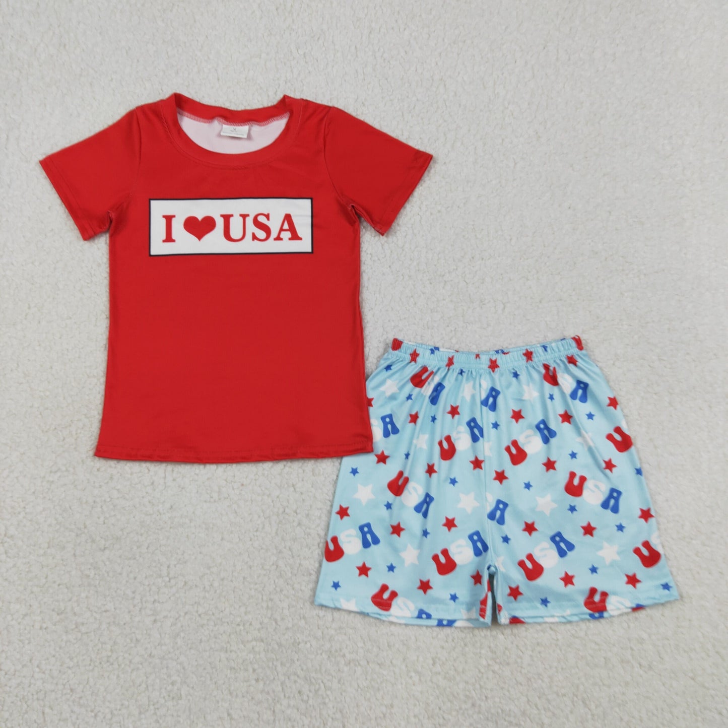 RTS NO MOQ milk silk BSSO2011 Baby Boys  4th of July I Love USA Stars Print Shirt And Shorts Set