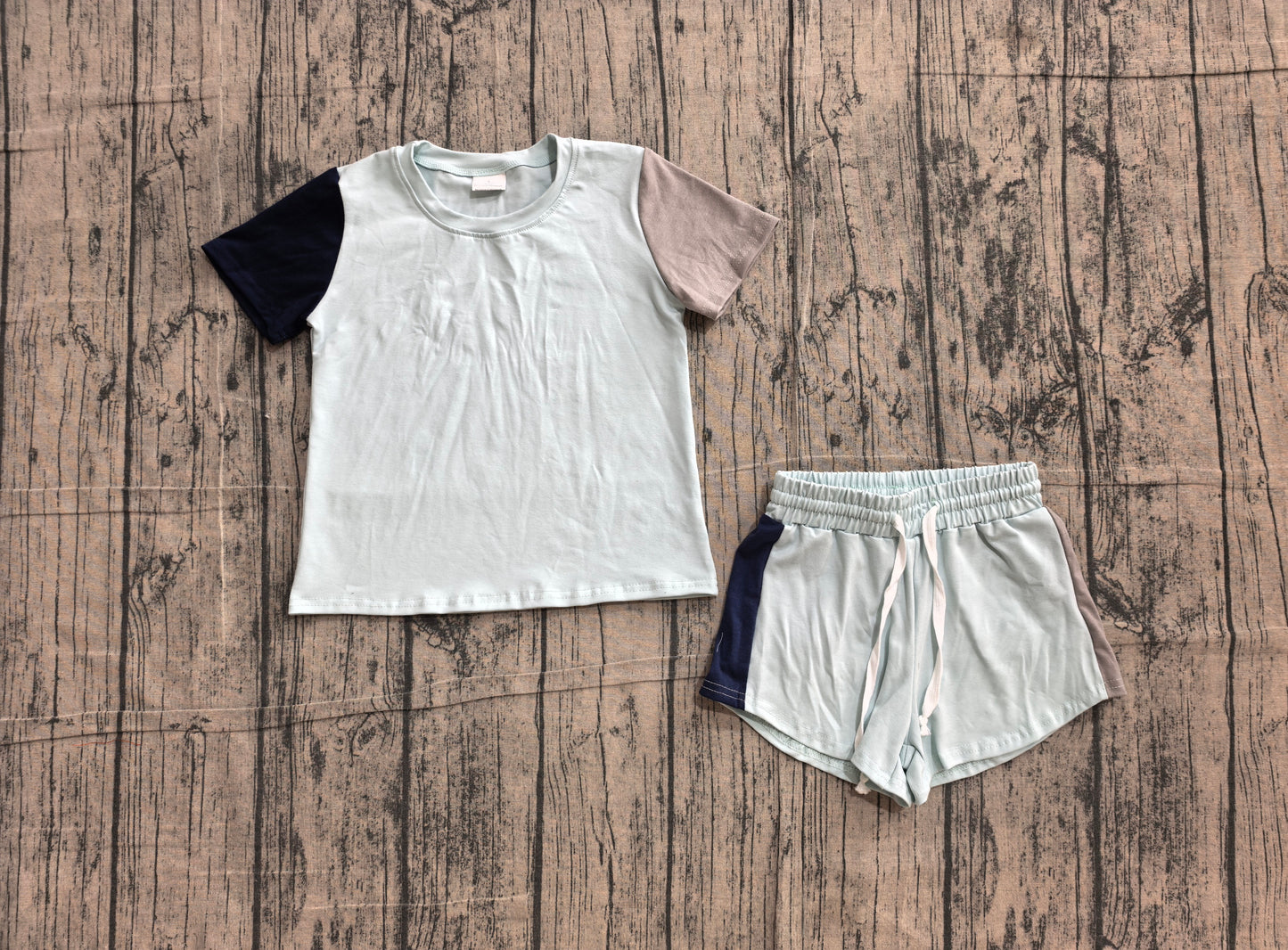 (Sample) No moq BSSO2013 Blue Patchwork Short Sleeve Shirt Top And Shorts Two Piece Clothes Set For Baby Boys