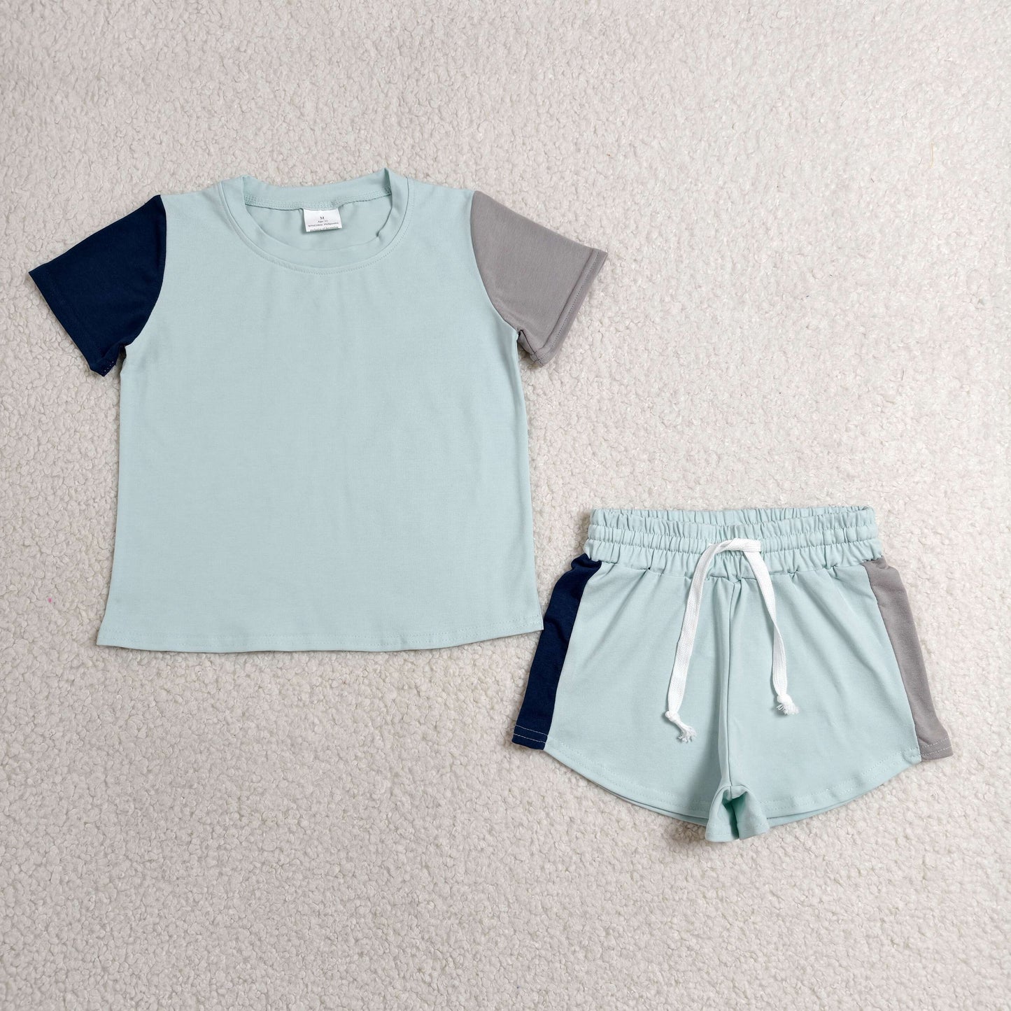 RTS NO MOQ cotton BSSO2013 Baby Boys Blue Patchwork Short Sleeve Shirt Top And Shorts Two Piece Clothes Set