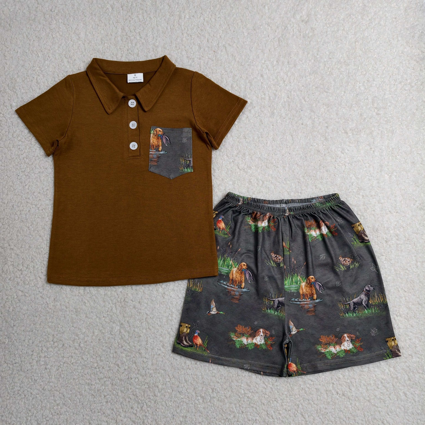 RTS NO MOQ milk silk BSSO2014 Baby Boys Duck Dogs Button Pocket Polo Hunting Set Outfits