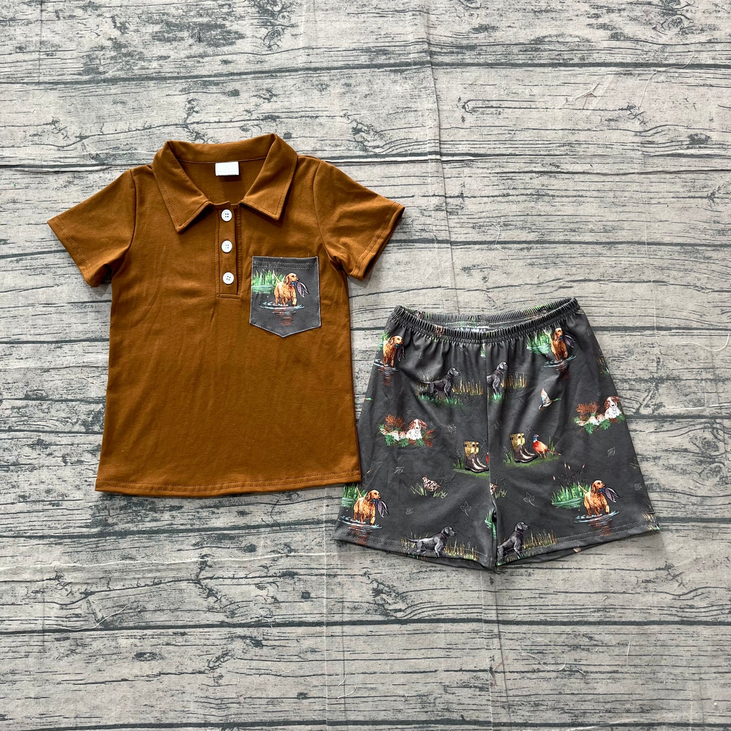(Sample) No moq milk silk BSSO2014 Baby Boys Cute Duck Dogs Button Pocket Polo Hunting Set