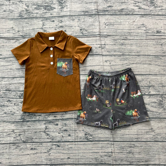 (Sample) No moq milk silk BSSO2014 Baby Boys Cute Duck Dogs Button Pocket Polo Hunting Set