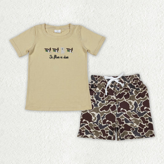 RTS NO MOQ BSSO2016 Baby Boys' Short Sleeve Tee Shirts with Duck Dogs Print Camo Pockets  Shorts Bottom Set