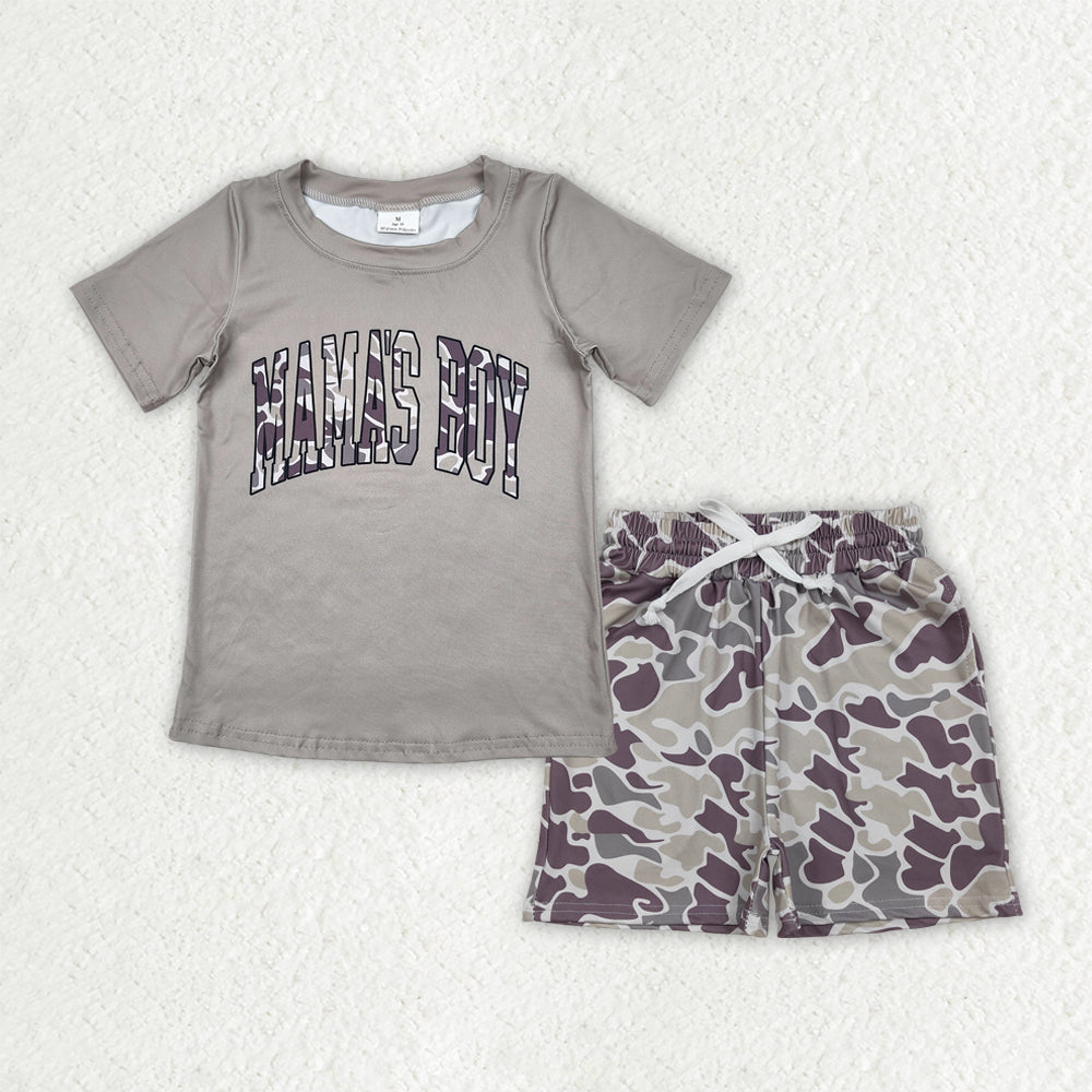 RTS NO MOQ BSSO2017 Baby Boys Light Green Camouflage Mama's Boy Short Sleeve Tee Pockets Shorts Bottom Set Outfit