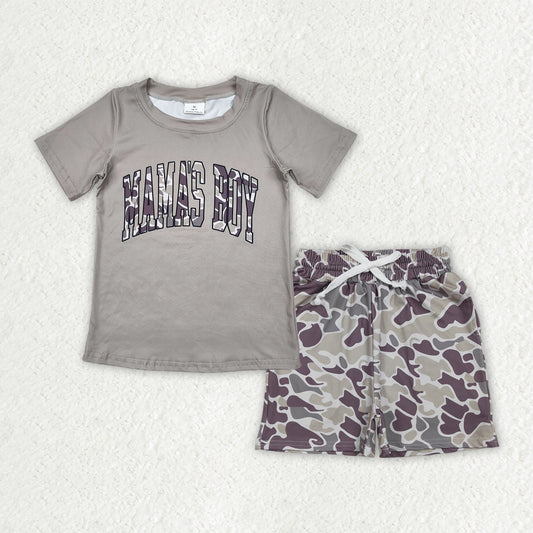 RTS NO MOQ BSSO2017 Baby Boys Light Green Camouflage Mama's Boy Short Sleeve Tee Pockets Shorts Bottom Set Outfit