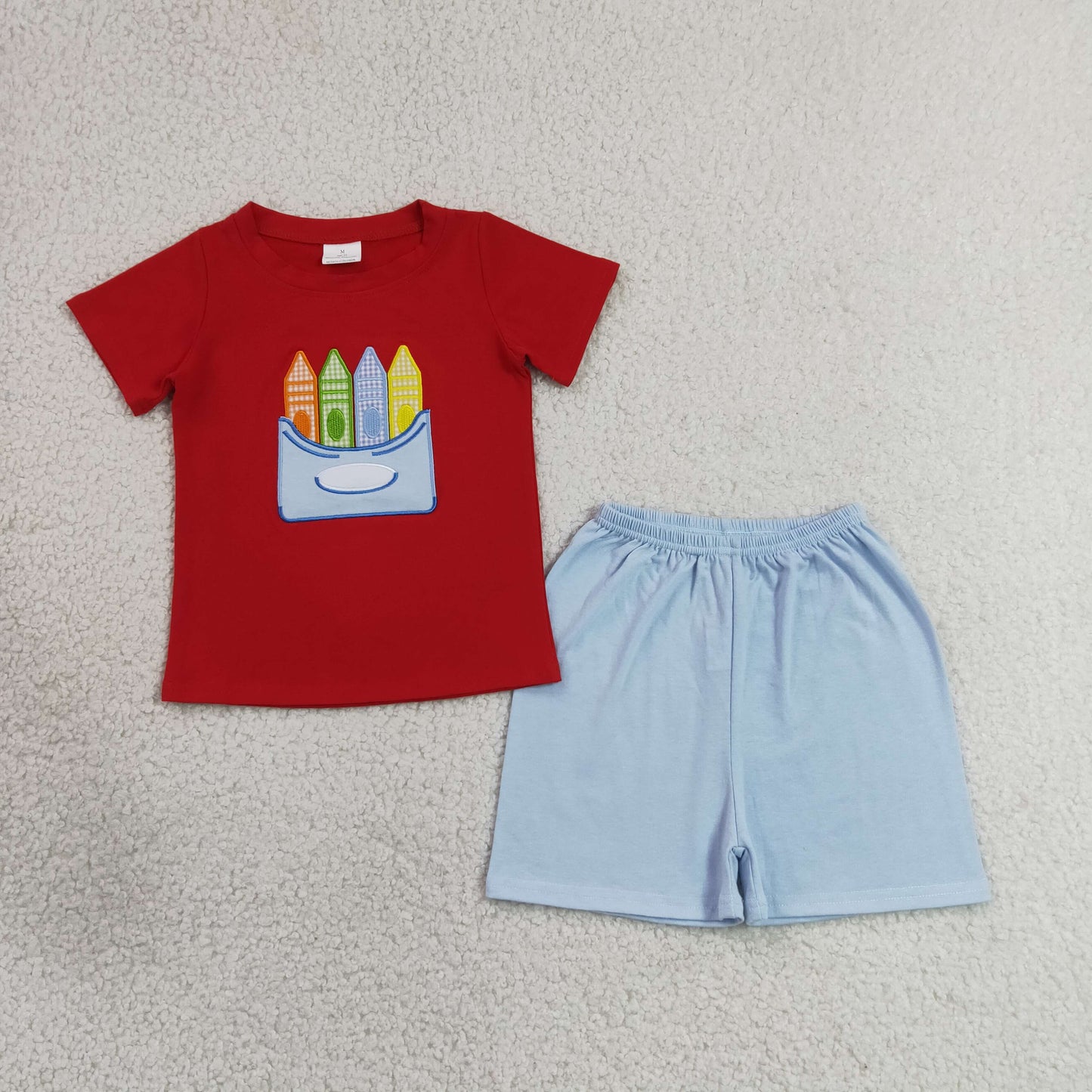 RTS NO MOQ milk silk BSSO2023 Baby Boys Back To School Pencil Embroidery Shirt Shorts Outfit（2T-14-16T）