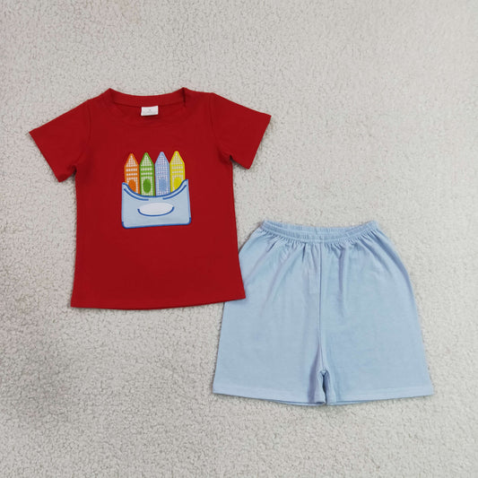 RTS NO MOQ milk silk BSSO2023 Baby Boys Back To School Pencil Embroidery Shirt Shorts Outfit（2T-14-16T）