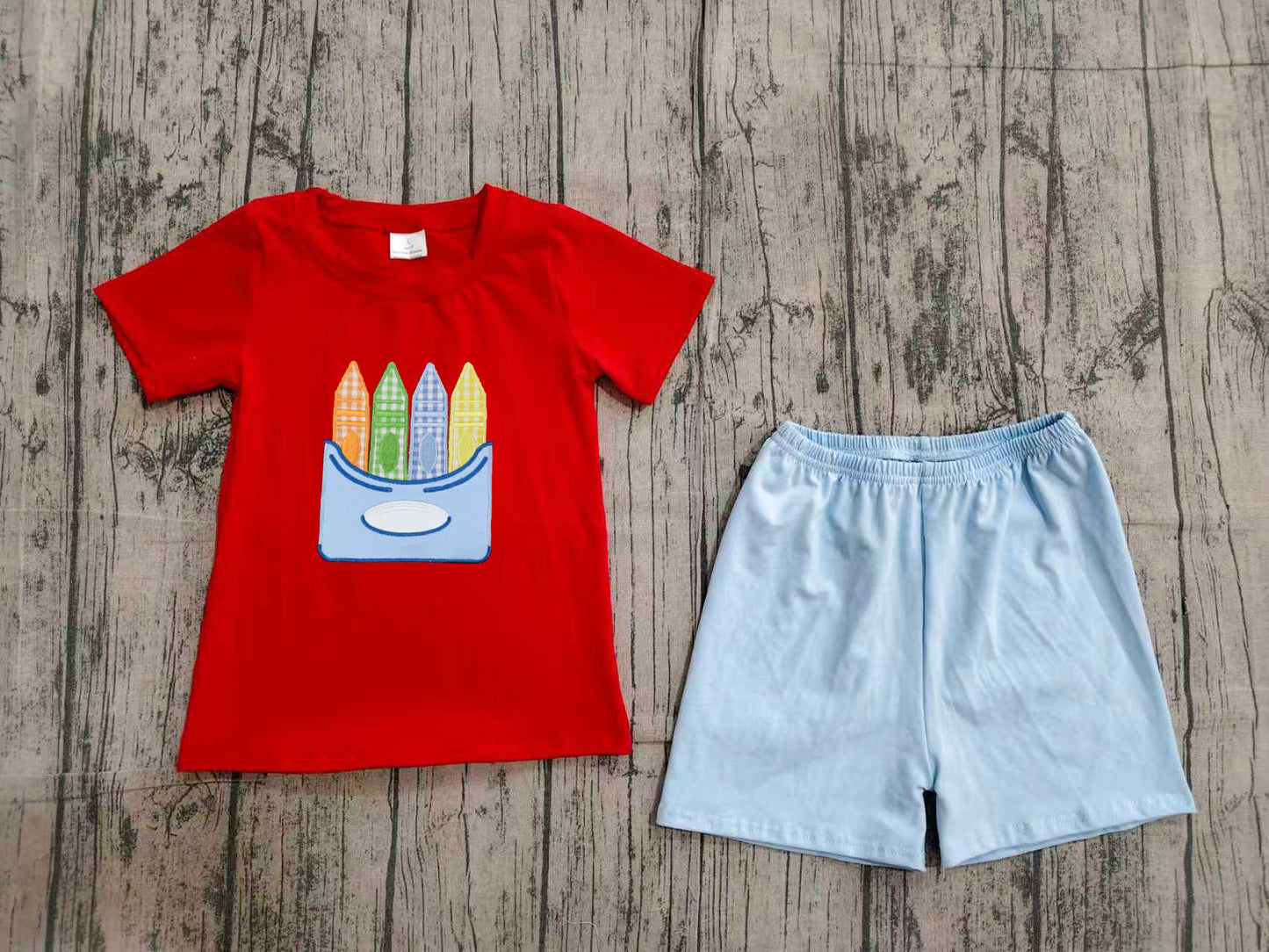 (Pre Order) No moq BSSO2023 Embroidery Baby Boys Back To School Pencil Embroidery Shirt Shorts Two Piece Outfit