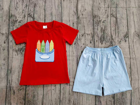 (Pre Order) No moq BSSO2023 Embroidery Baby Boys Back To School Pencil Embroidery Shirt Shorts Two Piece Outfit