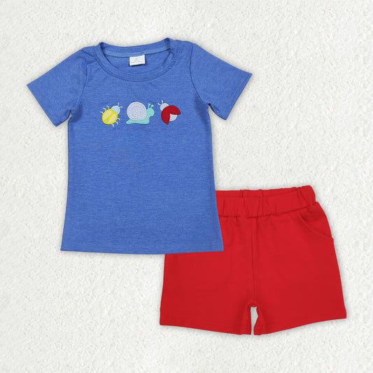 RTS NO MOQ BSSO2031 （BT1725+SS0270）Baby Boys Embroidered Ladybirds Snails Tops And Shorts Clothing Set