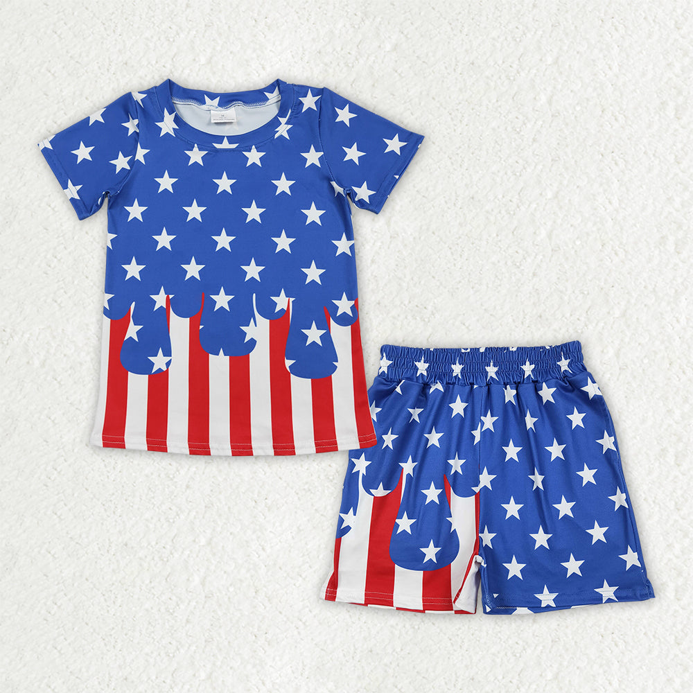 RTS NO MOQ milk silk BSSO2040（BT1741+SS0861） Baby Boys Short Sleeve Stars Stripe Top Short 4th of July Clothes Set