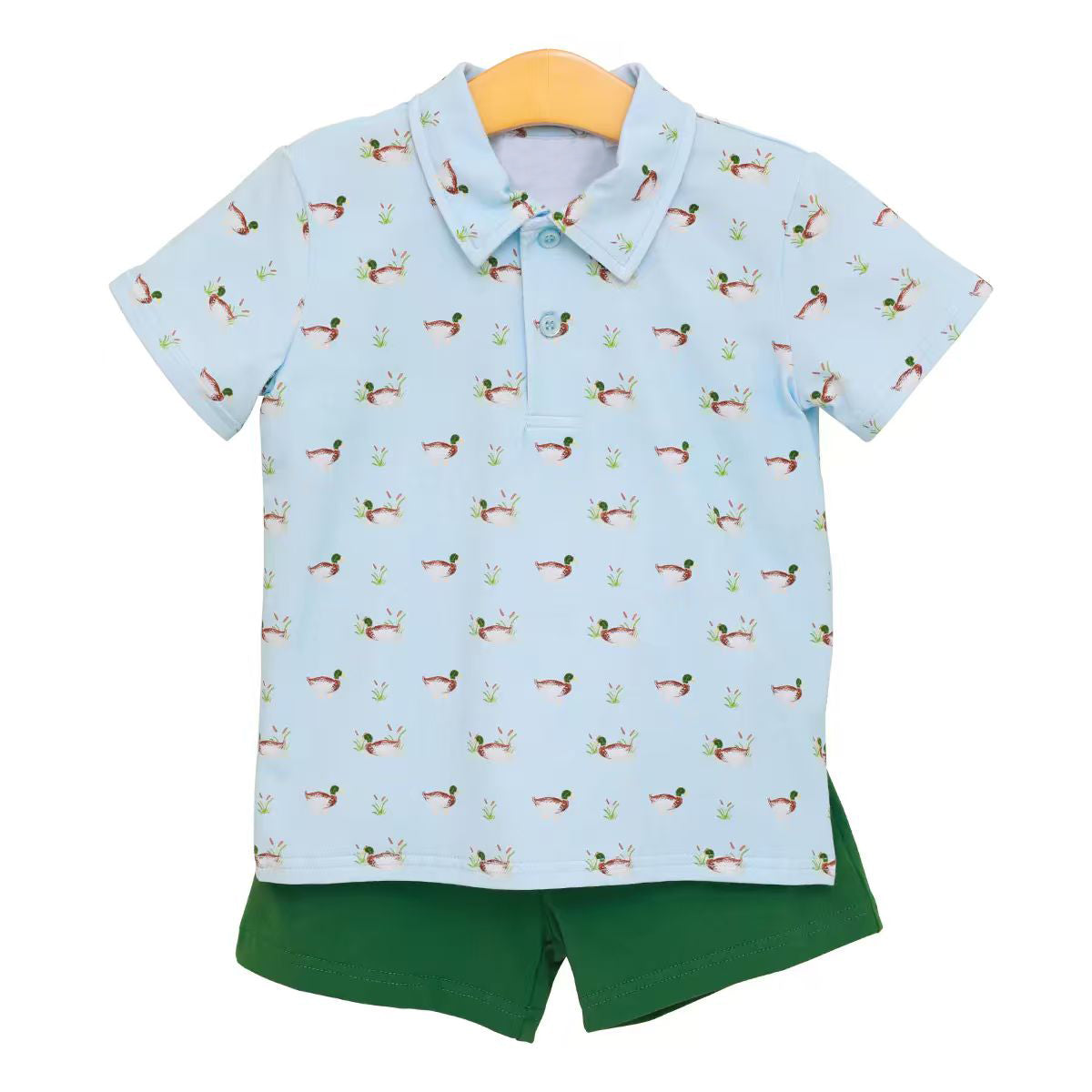 (Preorder new) No moq BSSO2041 Baby Boys Short Sleeve Duck Print Plaid Button Polo Top Shorts Hunting Matching Set