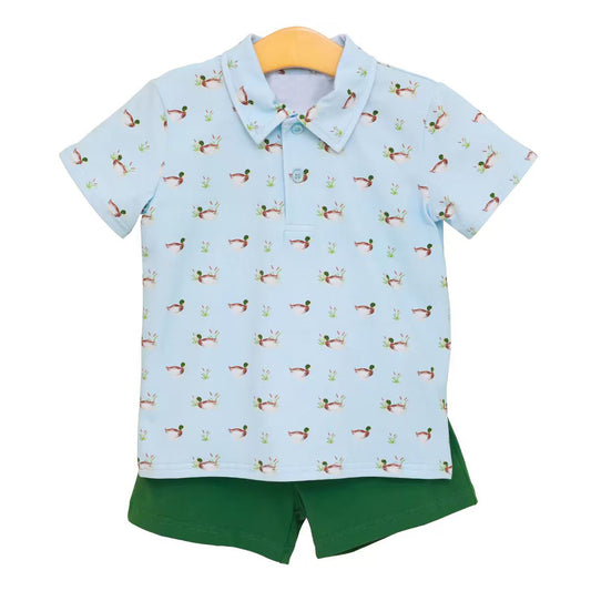 (Preorder new) No moq BSSO2041 Baby Boys Short Sleeve Duck Print Plaid Button Polo Top Shorts Hunting Matching Set