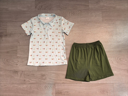 (Sample) No moq milk silk BSSO2041 Baby Boys Short Sleeve Duck Print Plaid Button Polo Top Shorts Hunting Matching Set
