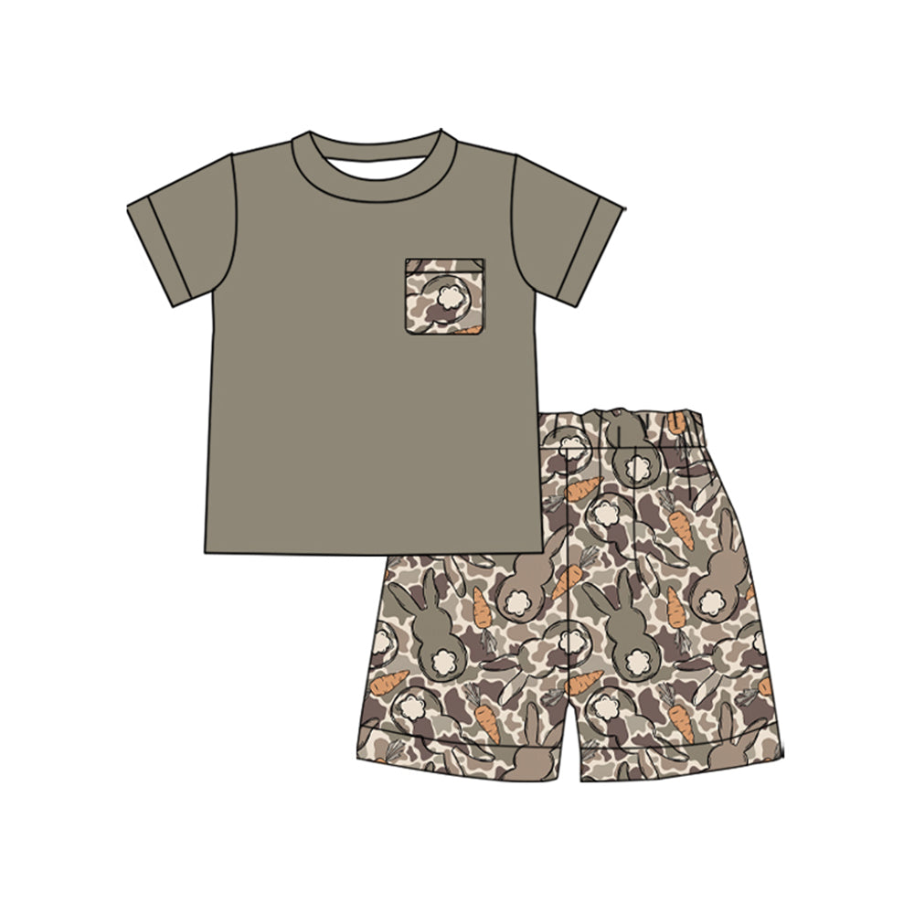(Preorder new) No moq Baby Boys Easter Bunny Carrot Camo Print Short Sleeve Zip Romper And Pocket Tee Shorts Toddler Outfit Set