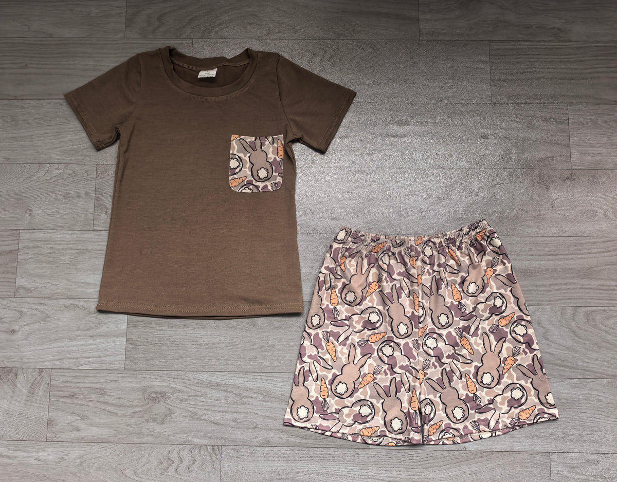 (Sample) No moq milk silk BSSO2044 Baby Boys Olive Camo Rabbits Print Pocket Top Short Easter Daily Outfit Set