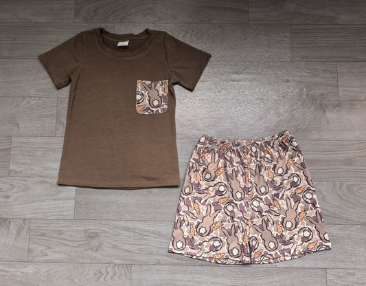(Sample) No moq milk silk BSSO2044 Baby Boys Olive Camo Rabbits Print Pocket Top Short Easter Daily Outfit Set