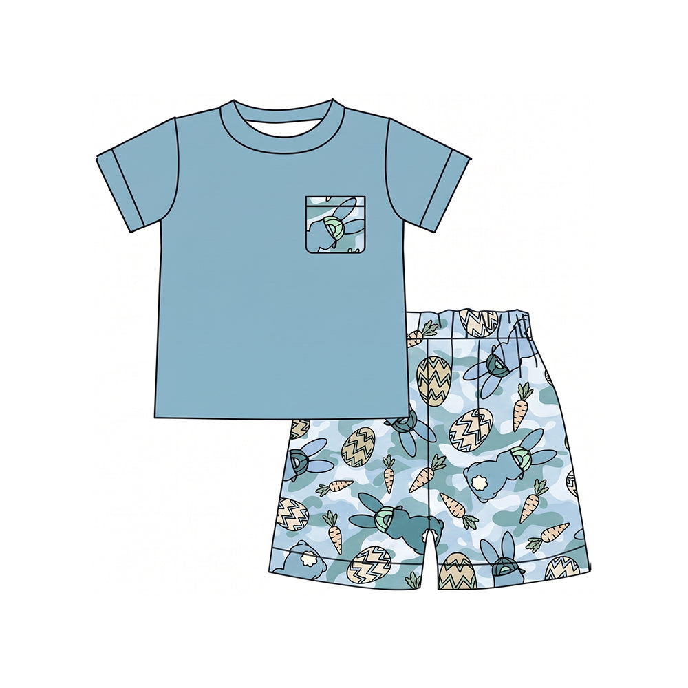 (Preorder new) No moq Baby Boys Blue Camo Easter Bunny Egg Carrot Print Short Sleeve Zip Romper And Pocket Tee Shorts Holiday Outfit Set