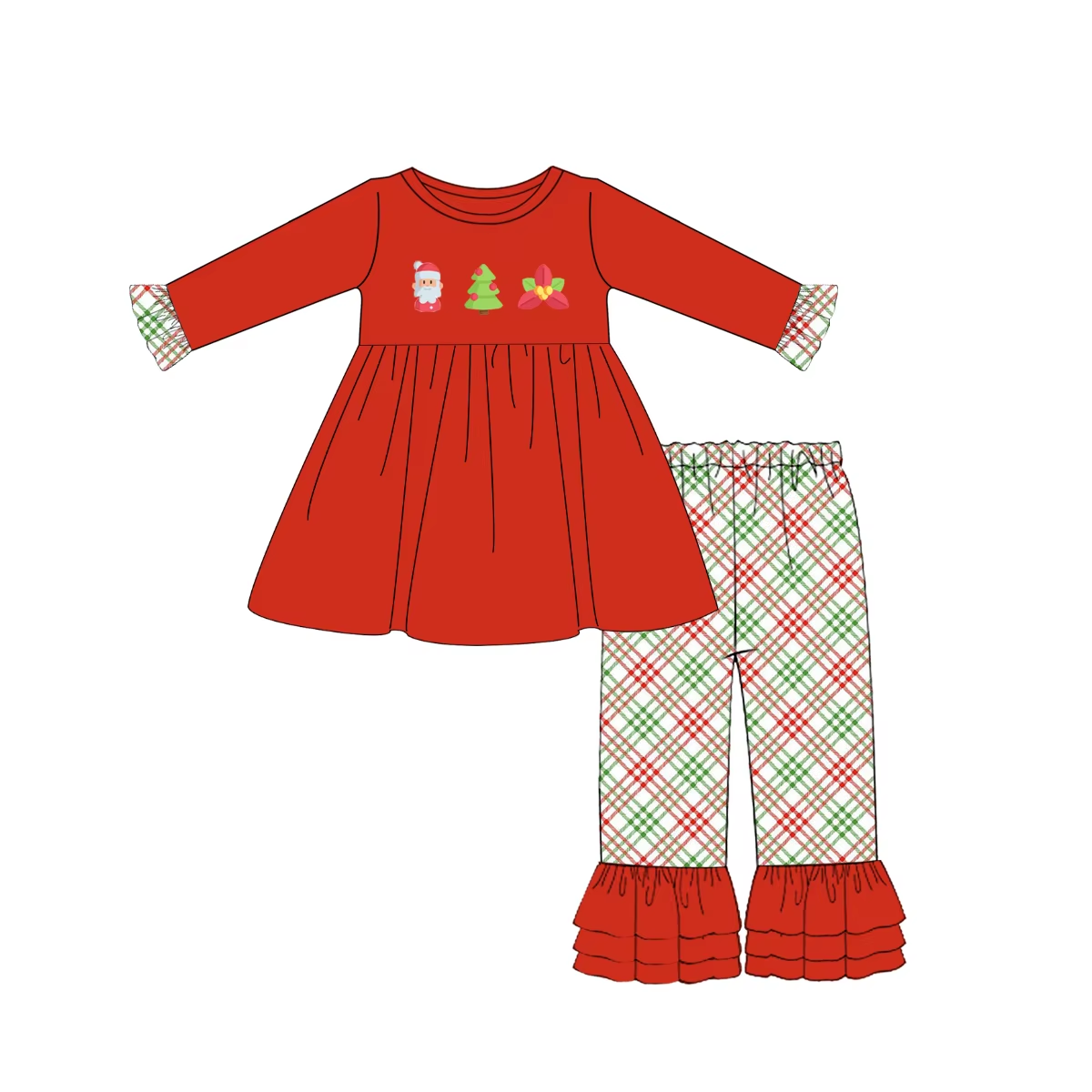 Custom moq 5 eta 6-8weeks Girls Long Sleeve Christmas Lace Red Top Set
