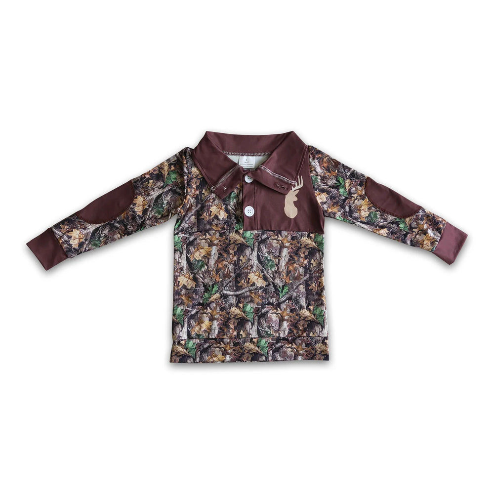 RTS NO MOQ Sibling milk silk Baby Boys Camo Deer Print Long Sleeve Collared Shirt