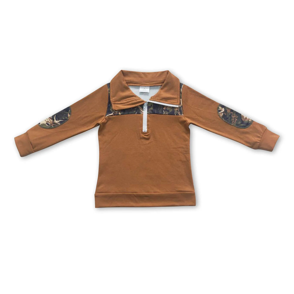 RTS NO MOQ Sibling milk silk Baby Boys Deer Camo Print Long Sleeve Top And Pant Set Half Zip Collar Shirt