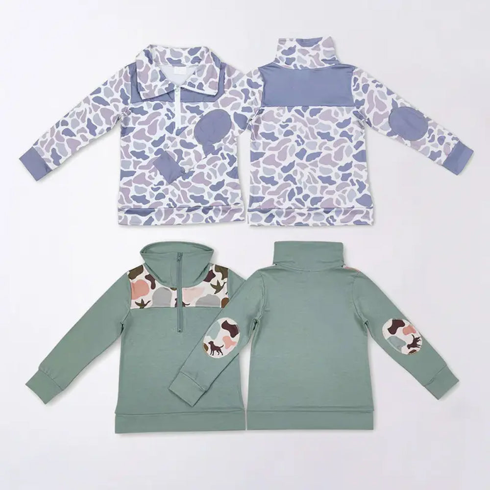 RTS NO MOQ Sibling baby boy clothes Camouflage Zippered Long Sleeve Top: Light Purple & Brown
