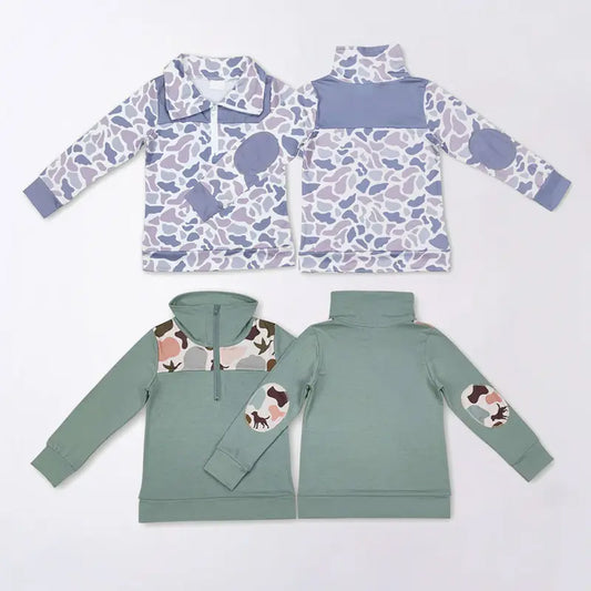 RTS NO MOQ Sibling baby boy clothes Camouflage Zippered Long Sleeve Top: Light Purple & Brown