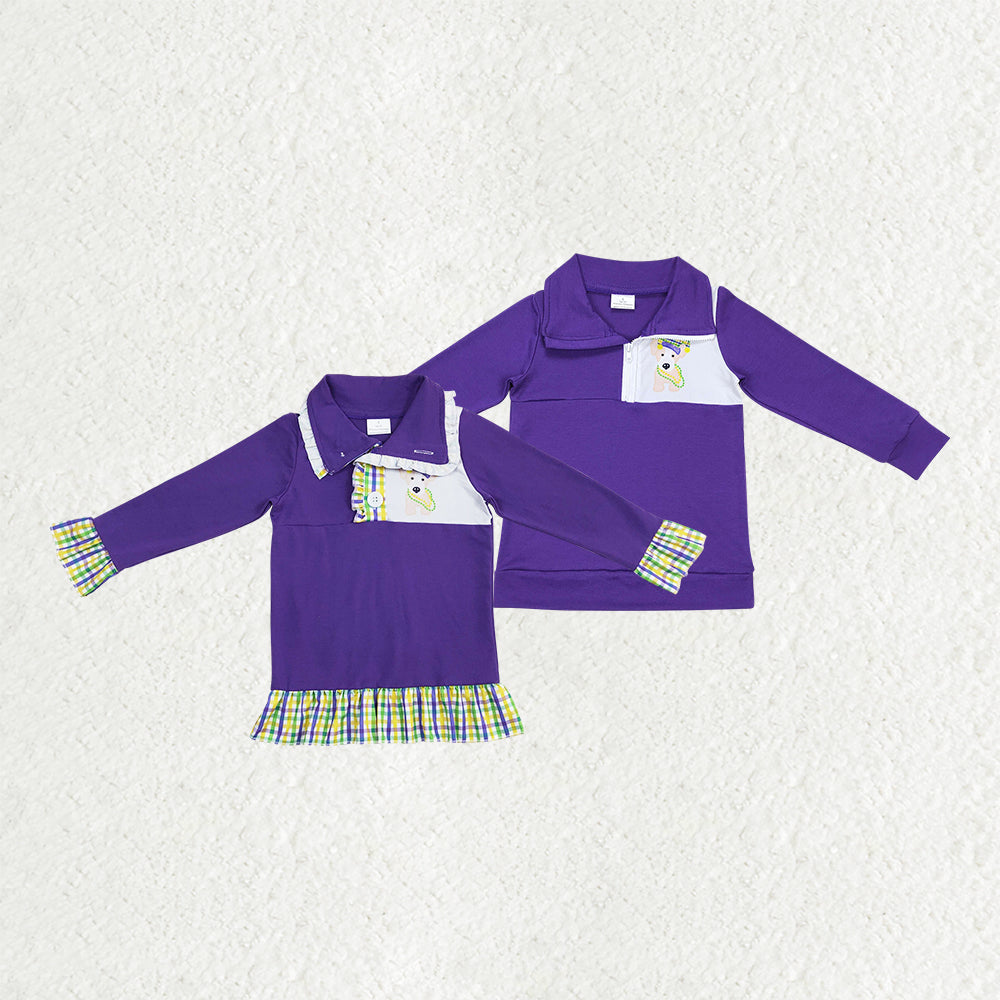RTS NO MOQ Sibling baby boy girl clothes Mardi gras clothes long Sleeve Tops