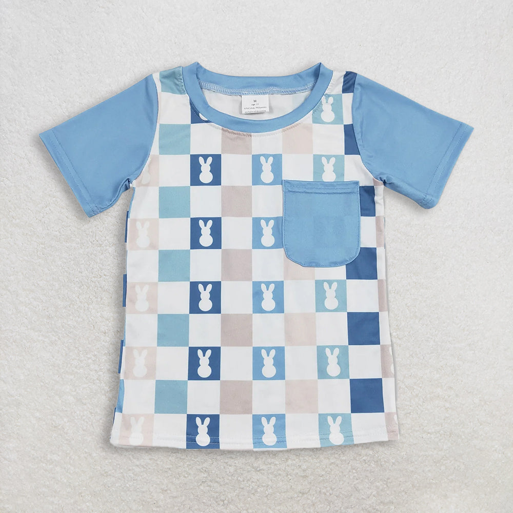 RTS NO MOQ Sibling Baby Boys Blue Checkered Rabbit Print Rompers Pajamas Set Cute Outfit