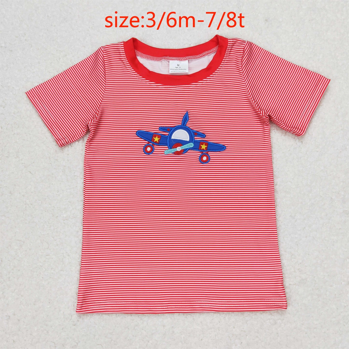RTS NO MOQ（In Stock) Embroidered airplane red striped short-sleeved top