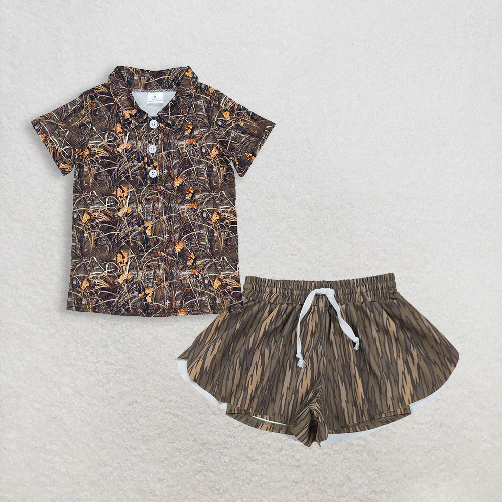 RTS NO MOQ BT0639+SS0771 Camo Kids Boys Summer Polo Shirt Short Sleeves Baby Girls Active Ruffle Shorts Bottom Yoga Wear